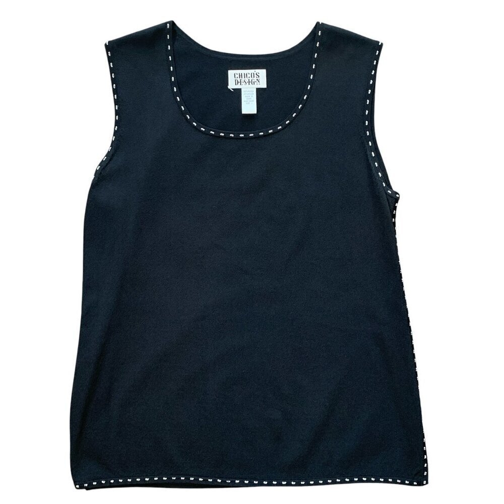 Chico's Design Black Sleeveless Knit Tank Top Sz 1 (M/8)‎ Stitch Accents #331J